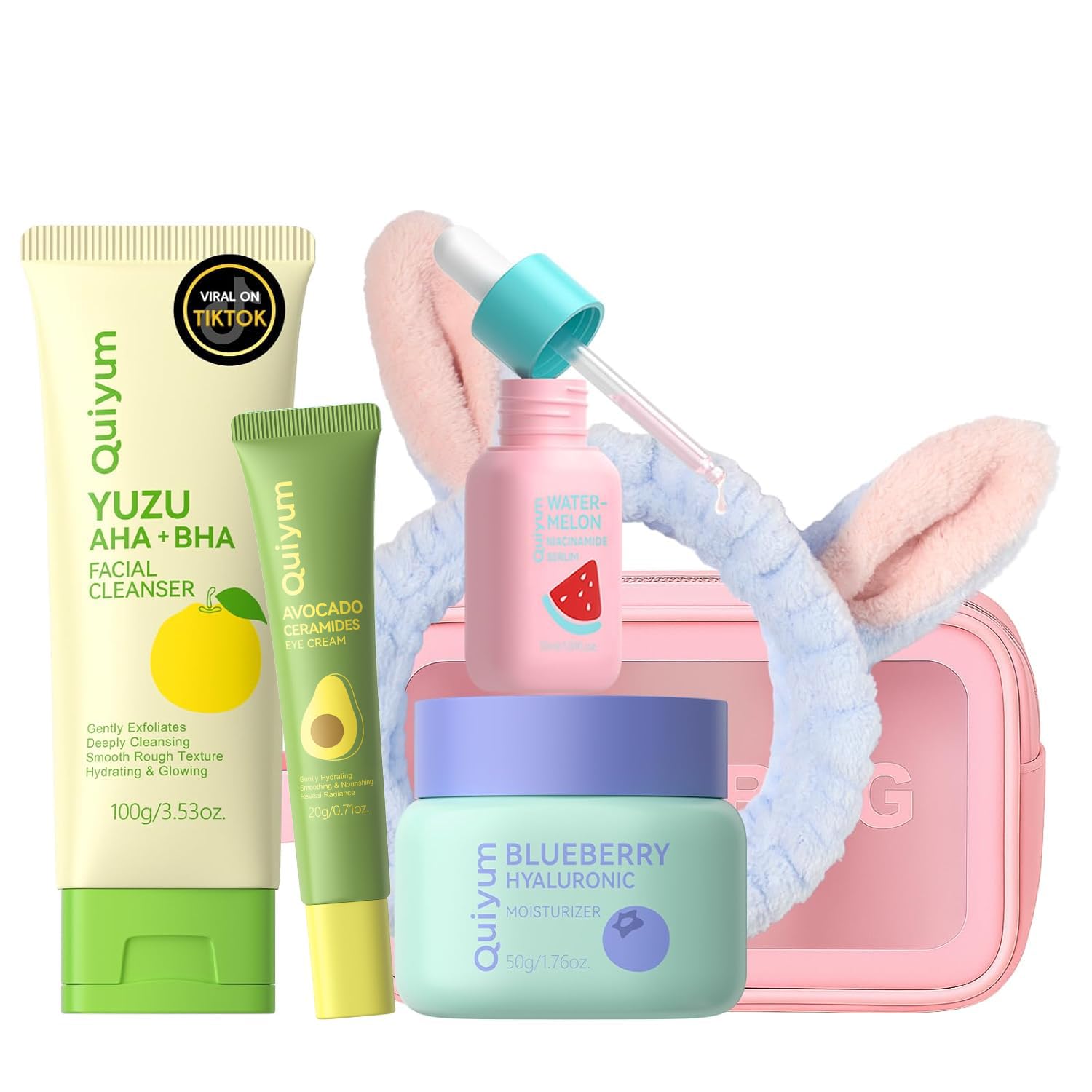QUIYUM Fruit Skincare for Teens, 5 Daily Routine Beauty Skin Care Sets - Exfoliating, Smooth, Clean, Oil Control, Firm, Hydrating, Glow Up, Facial Skincare Gift Set for Girls, for All Skin Types